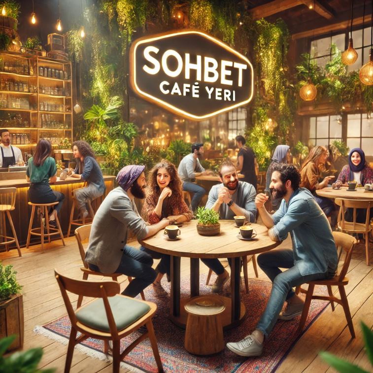 Sohbet cafe yeri konseptini yansıtan, sıcak ve samimi bir kafe ortamında bir grup insanın kahve eşliğinde dostça sohbet ettiği canlı bir sahne. Arka planda yeşillikler ve rustik bir tasarımla tamamlanmış rahatlatıcı bir atmosfer.